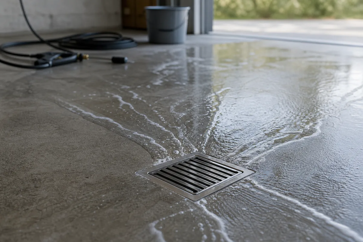 Zone de lavage d’un garage aménagé avec siphon de sol et pente d’évacuation