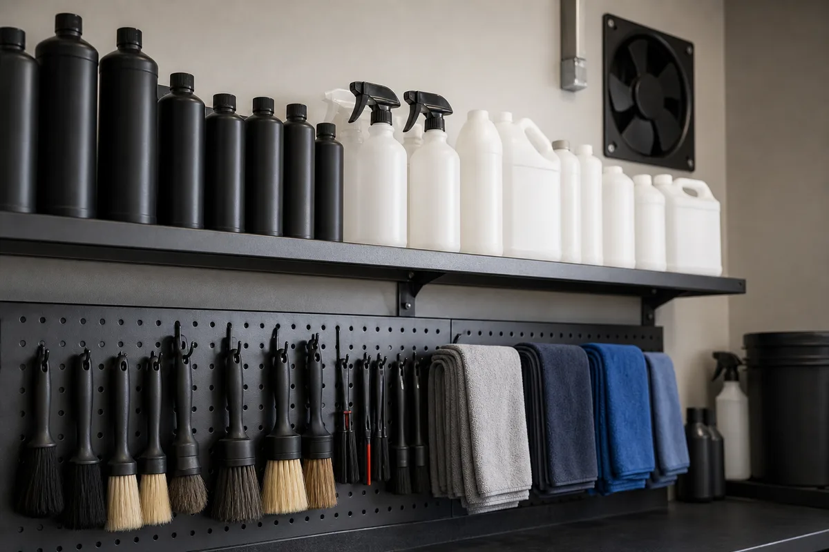 Rangement mural de produits de detailing sur panneau perforé avec extracteur d’air