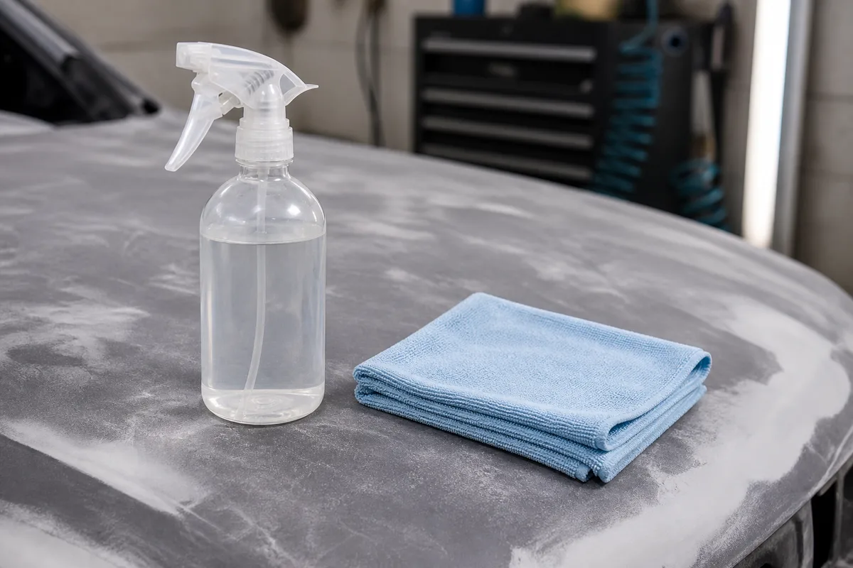 Flacon pulvérisateur et microfibre pliée sur un capot poncé en atelier