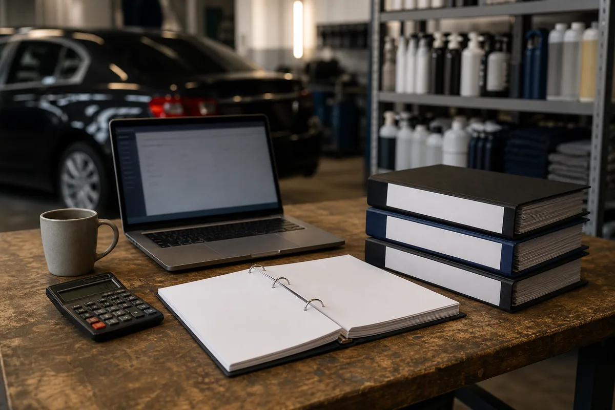 Espace administratif d’un atelier de detailing avec ordinateur portable et classeurs de devis
