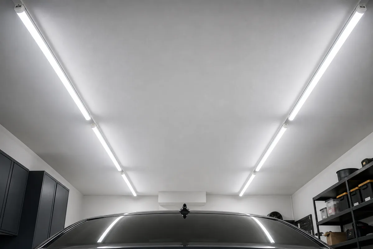 Réglettes LED au plafond d’un garage éclairant une voiture sombre