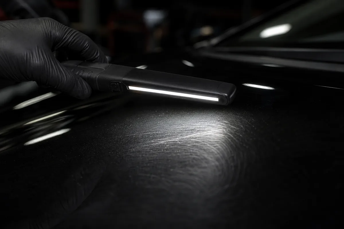 Lampe d’inspection en lumière rasante révélant les micro-rayures d’un capot