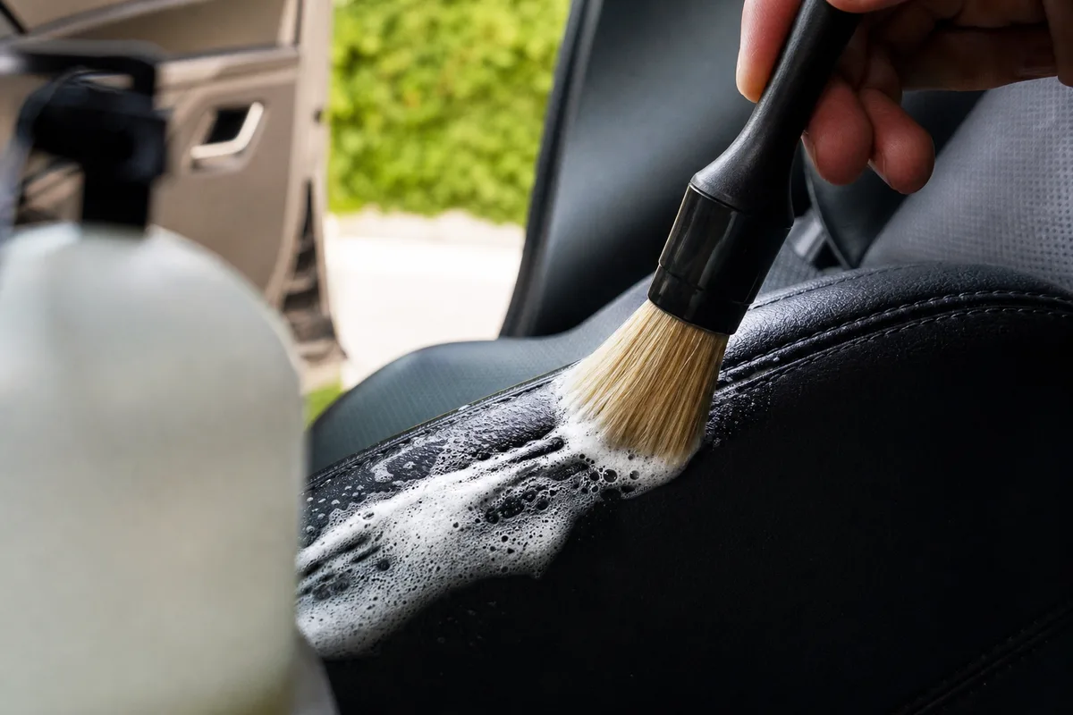 Nettoyage d’un siège en cuir de voiture à la brosse souple et à la mousse