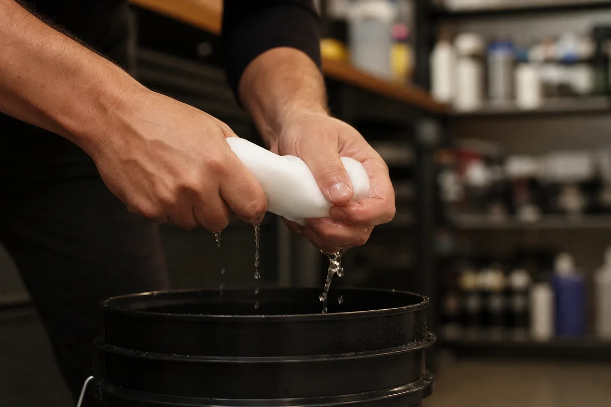 Essorage d’une éponge mélamine au-dessus d’un seau dans un atelier