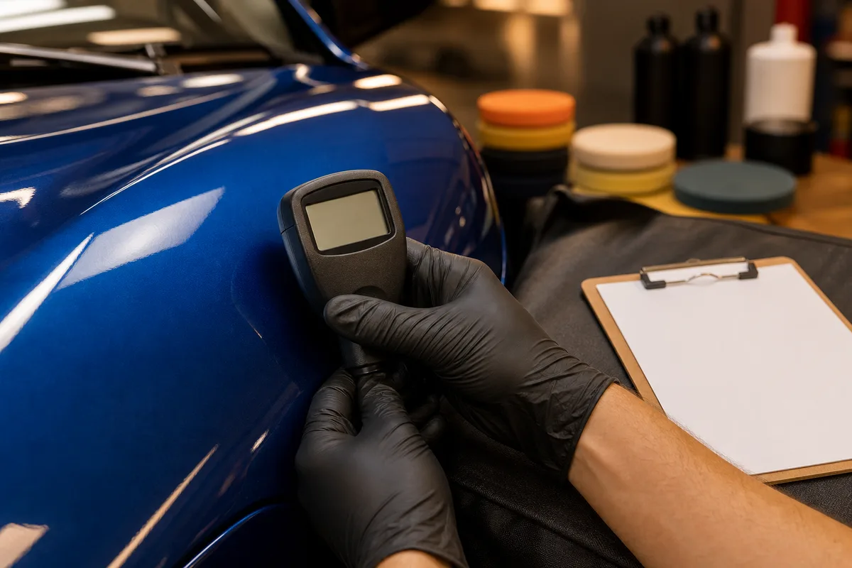 Contrôle d’épaisseur de peinture à la jauge PTG pendant un stage de detailing
