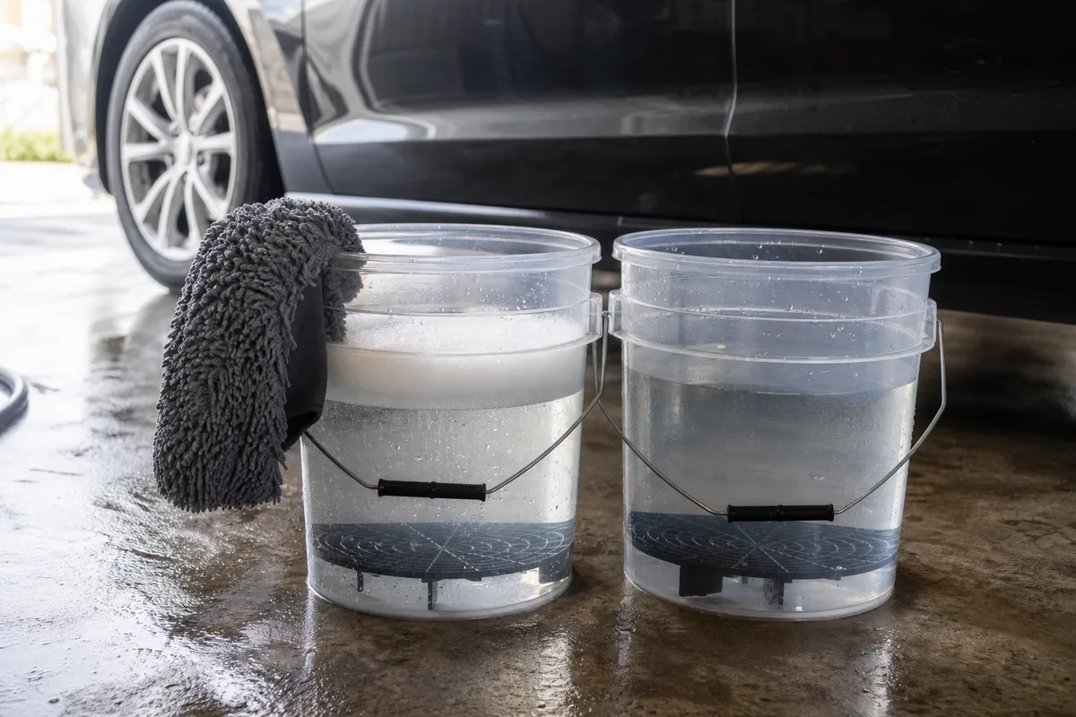 Deux seaux de lavage avec grilles de fond et gant microfibre dans un garage