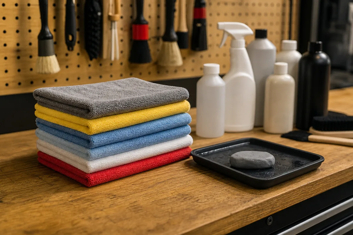 Produits de detailing et microfibres pliées alignés sur un établi d’atelier