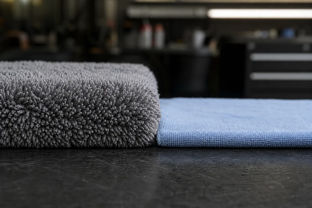 Comparaison d’épaisseur entre une serviette de séchage twist loop et une microfibre fine à poils ras
