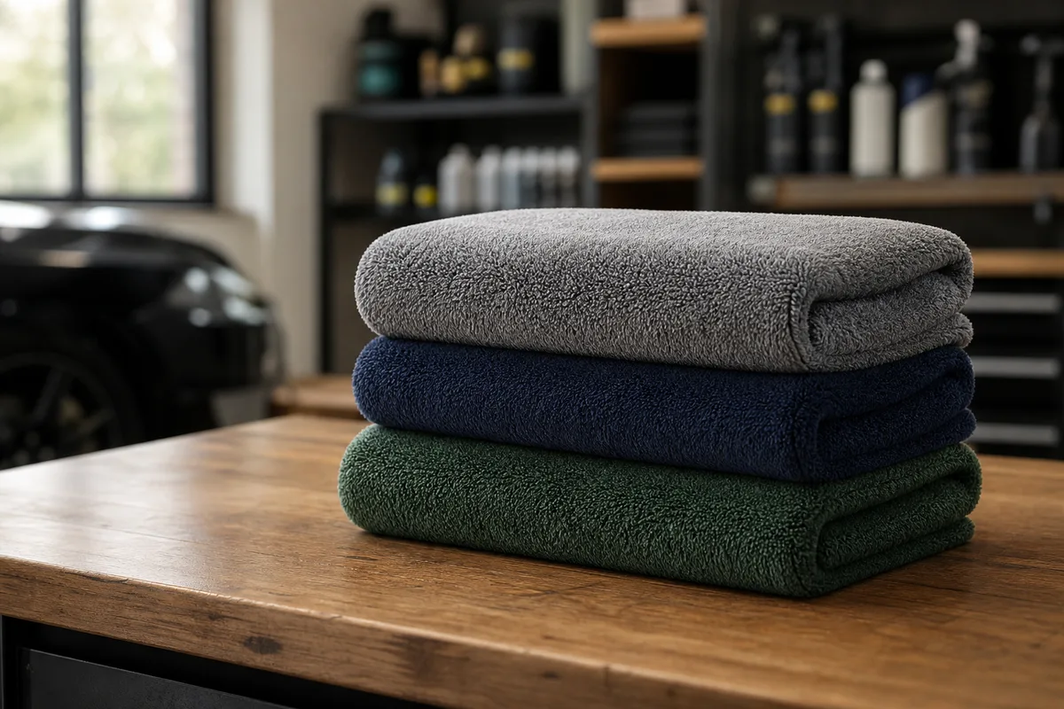 Microfibres pliées sur un plan de travail