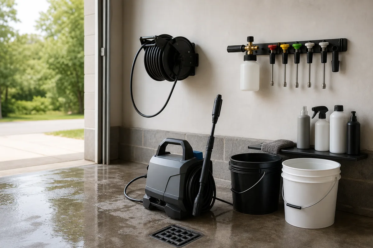 Poste de lavage avec nettoyeur haute pression et accessoires dans un garage