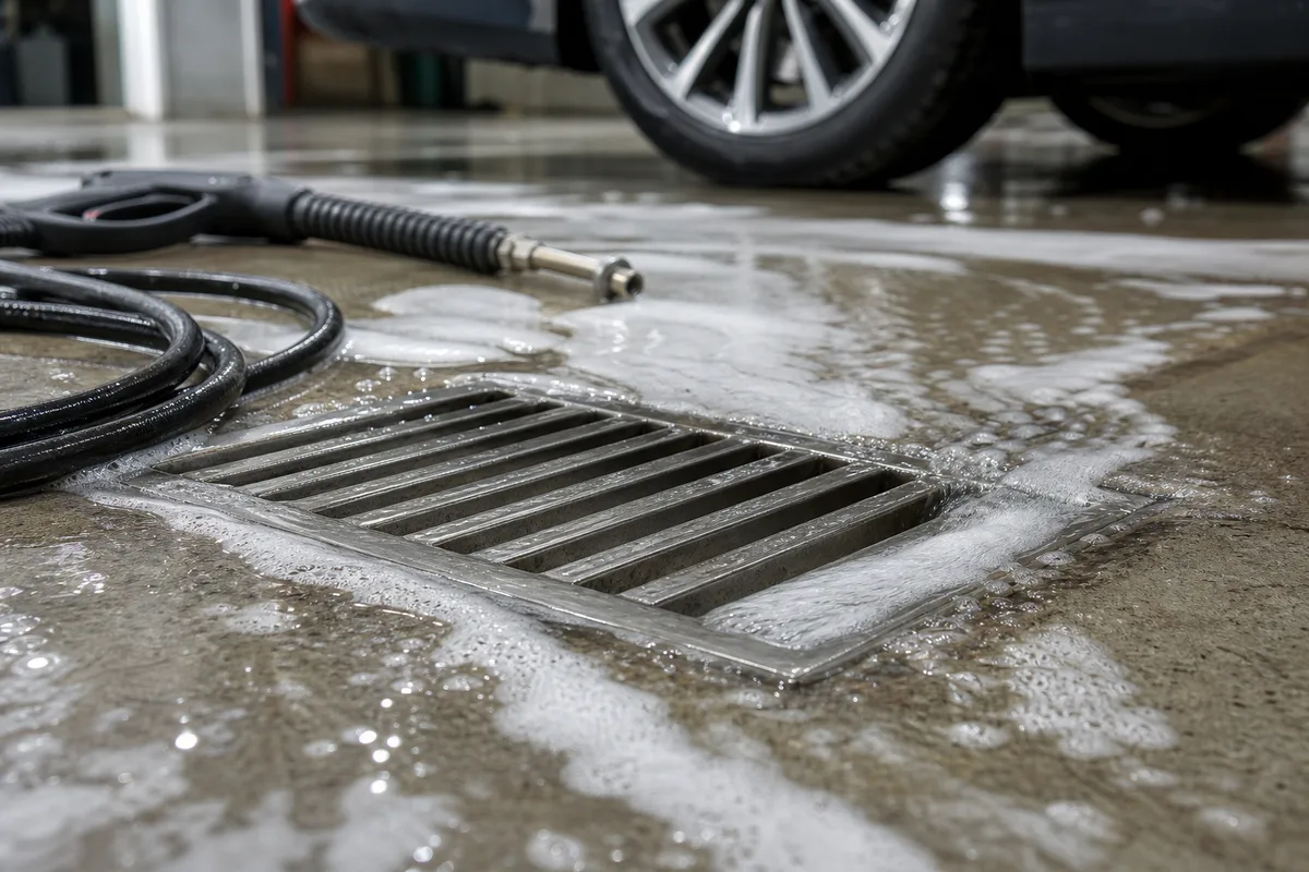Caniveau d’évacuation et nettoyeur haute pression dans un local de detailing