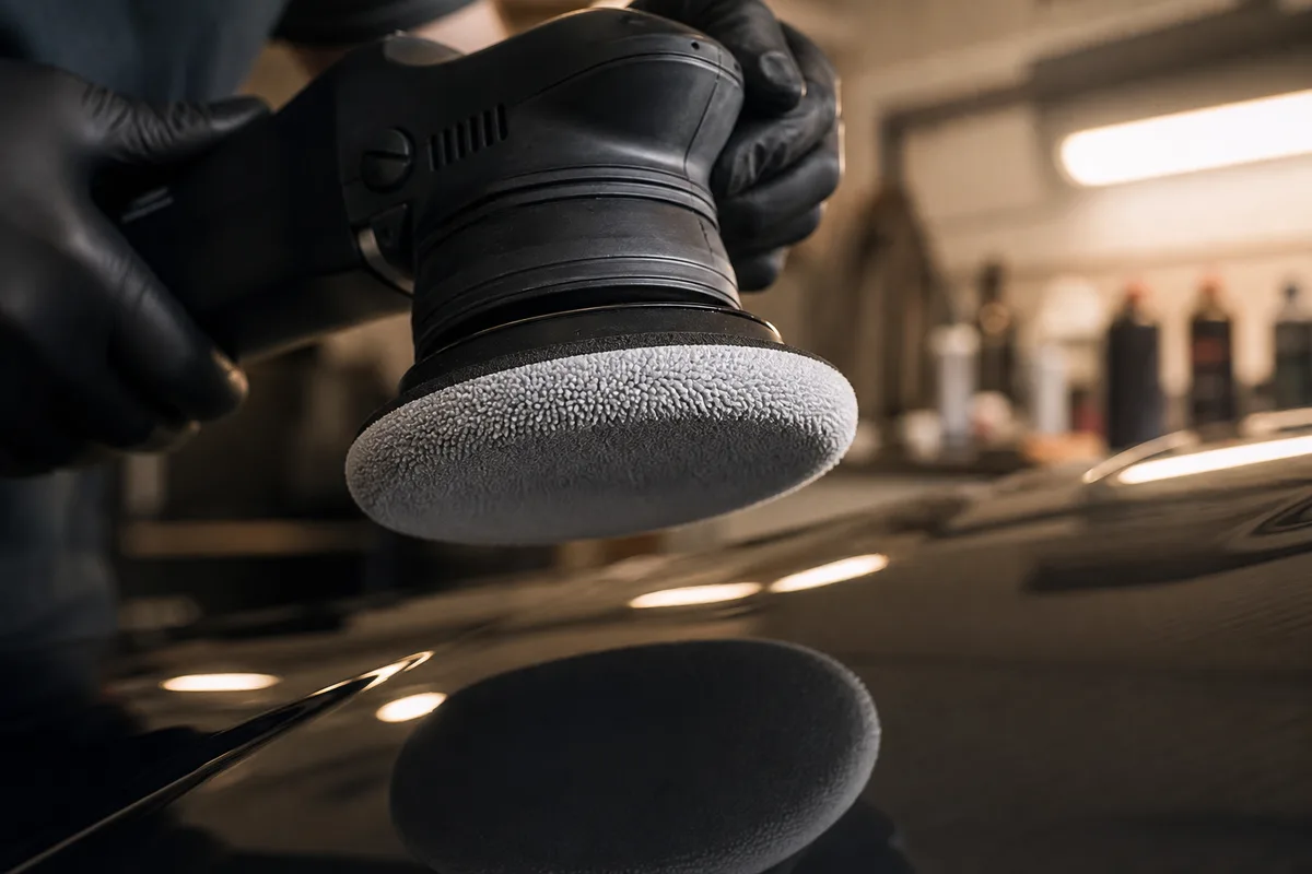 Pad microfibre monté sur une polisseuse orbitale dans un atelier de detailing