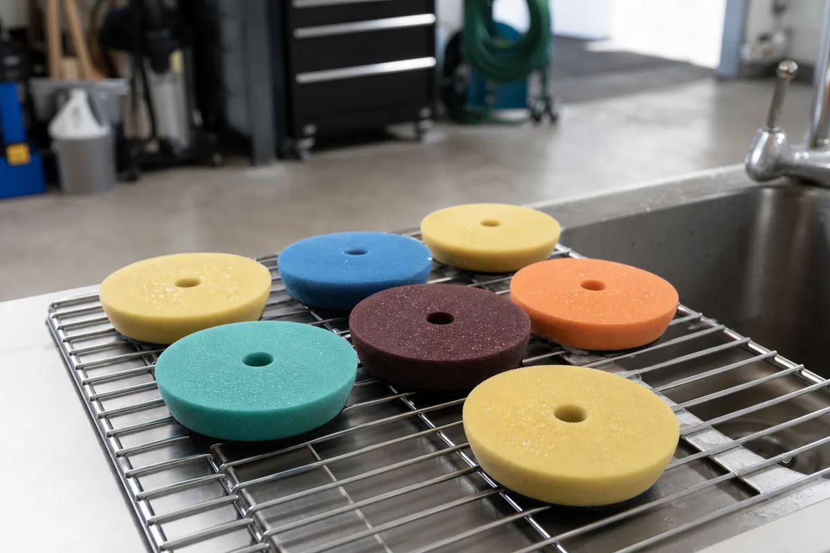 Pads de polissage en train de sécher à l’air libre sur une grille d’atelier