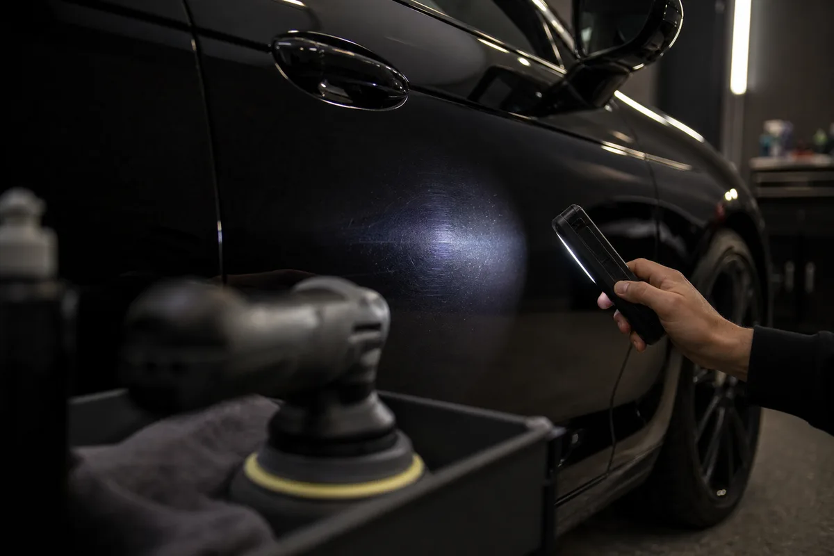 Contrôle du vernis à la lampe d’inspection après une passe de polissage